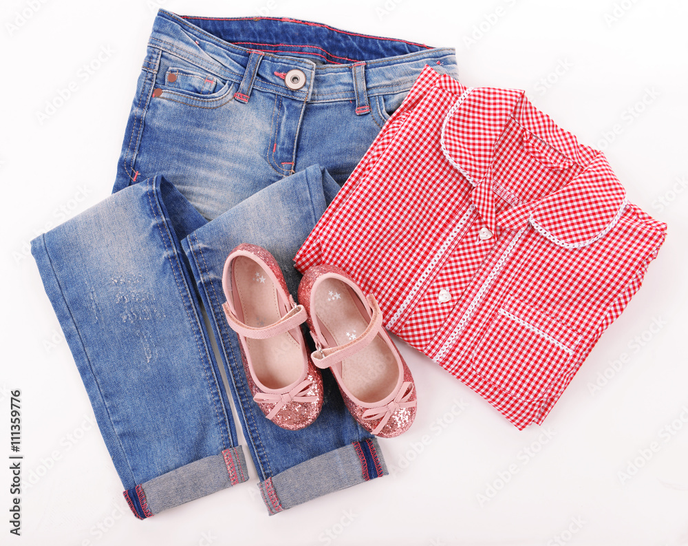 Stylish casual clothes for girls, isolated on white