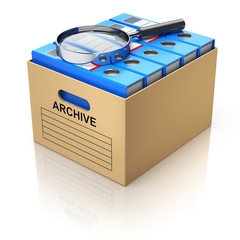 Storage box with magnifying glass and blue file binders