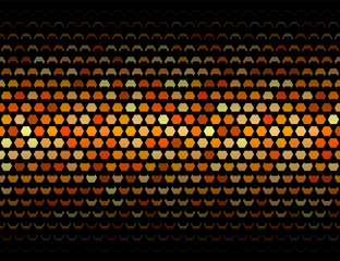 Abstract background with hexagons overlapping vertically. Bright warm colors on a dark background. Vector pattern.