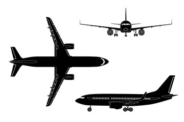 Wall Mural - Black airplane silhouette on a white background. Top view, front