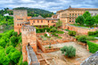 Wide aerial view over the famous Alhambra Palace and garden in Granada, Spain