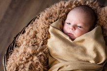 Wrapped Newborn Lying In Basket