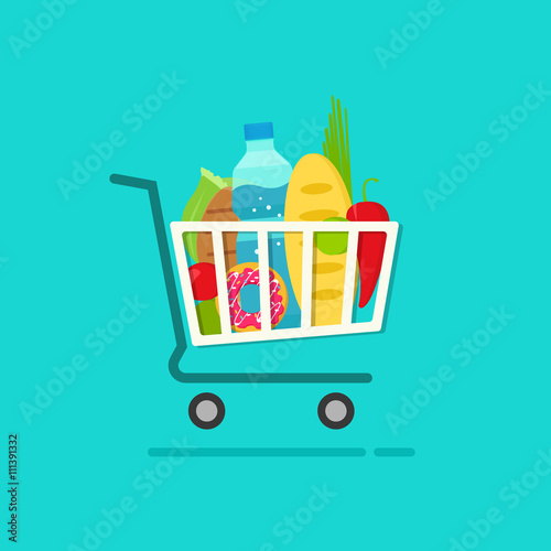Fotografía Grocery shopping cart with full of fresh products vector illustration isolated o