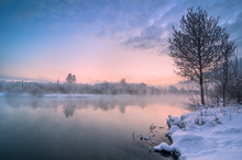 Beautiful Winter Dawn At Non-freezing River