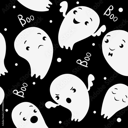 Stoffe zum Nähen Geister, nahtlose Muster, Muster im Cartoon-Stil. Halloween. Schwarz und weiß.