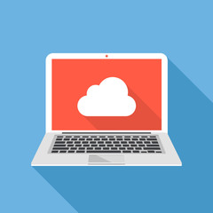 Poster - Vector laptop and cloud icon. Cloud technology, sharing, data backup concepts. Trendy flat design with long shadow. Vector illustration
