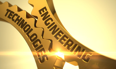 Poster - Engineering Technologies on Golden Cogwheels. Engineering Technologies on Mechanism of Golden Metallic Cogwheels with Glow Effect. Golden Cog Gears with Engineering Technologies Concept. 3D Render.