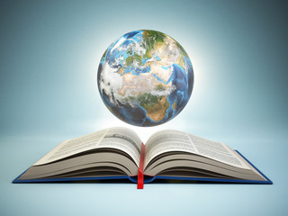 Poster - Opened book and Earth on blue background, Education concept.