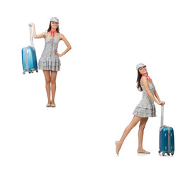 Travelling woman with suitcase isolated on white