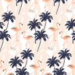 Palm trees silhouette and blush pink flamingo on the white background with strokes. Vector seamless pattern with tropical birds and plants.