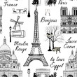 Travel Paris seamless pattern. Vacation in Europe wallpaper. Travel to visit famous places of France background. Landmark tiled grunge pattern.