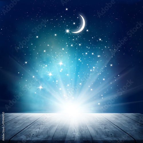 Fotografía Fondo de estrellas con mesa de madera