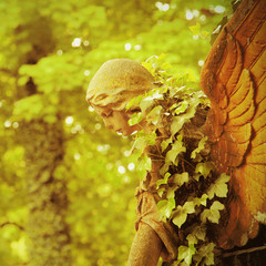 Vintage image of a sad angel on a cemetery against the backgroun