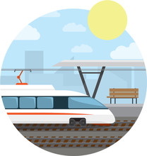 Metro Station. High-speed Train At The Railway Stop. Vector Illustration Round Background