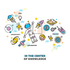 Sticker - astronaut on space with rocket. cosmos vector education science concept. astronaut education in cosm
