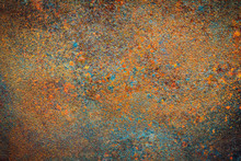 Rusty Dirty Iron Metal Plate Background. Old Rusty Metal. Colorful Rusted Metal With Copy Space For Text Or Image. Dark Edged
