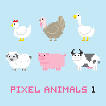 Pixel Art Style Farm Animals Cartoon Vector Set 1