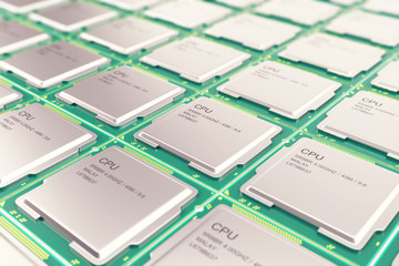 Poster - Computer PC CPU chip electronics industry concept, close-up viewmodern processors with depth of field effect