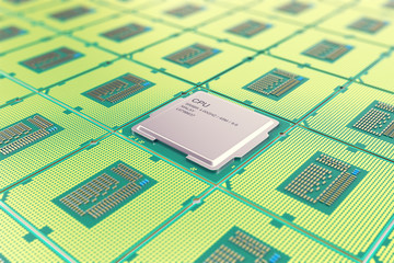 Modern central computer processors CPU, industry concept close-up view with depth of field effect.