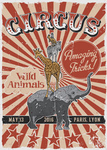 Circus Vintage Poster With Hand Drawn Animals - Elephant, Giraffe, Zebra, Kangaroo And Dog. 