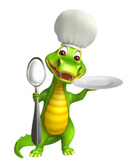 Poster - cute Aligator cartoon character with dinner plate and spoons