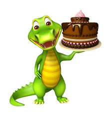 Poster - cute Aligator cartoon character  with cake