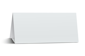 Horizontal elongate, oblong blank paper table card isolated on w