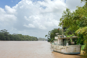 Wall Mural - River landscape with a boat and jungle vegetation by the port of Rama on the way to the Caribbean coast, River Escondido, Nicaragua