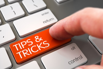 Poster - Tips & Tricks - Aluminum Keyboard Concept. Tips & Tricks - Metallic Keyboard Key. Hand Touching Tips & Tricks Button. Hand Finger Press Tips & Tricks Key. 3D.