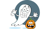 Fototapeta Dziecięca - Cartoon illustration of a ghost with a pumpkin.