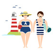 Retro couple in swimming suit by the sea, isolated vector illustration