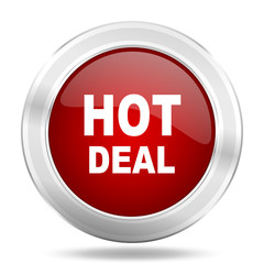 Poster - hot deal icon, red round glossy metallic button, web and mobile app design illustration