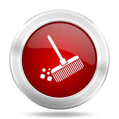 Poster - broom icon, red round glossy metallic button, web and mobile app design illustration