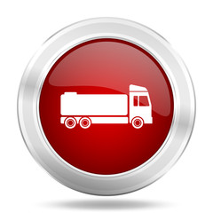 Poster - truck icon, red round glossy metallic button, web and mobile app design illustration