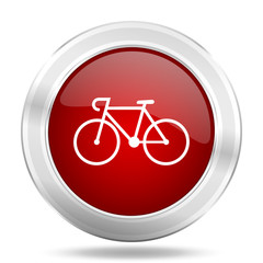 Poster - bicycle icon, red round glossy metallic button, web and mobile app design illustration