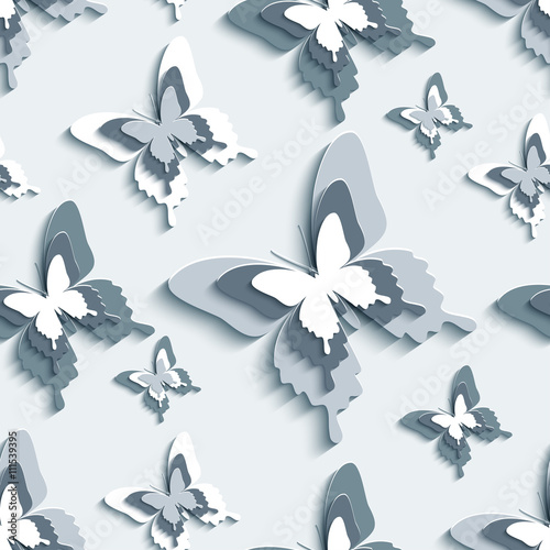 Naklejka ścienna Seamless pattern with white - grey 3d butterflies