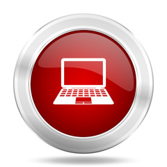 Poster - computer icon, red round glossy metallic button, web and mobile app design illustration
