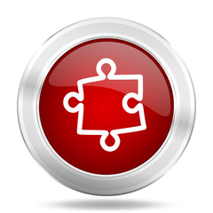 Poster - puzzle icon, red round glossy metallic button, web and mobile app design illustration