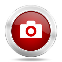 Poster - camera icon, red round glossy metallic button, web and mobile app design illustration