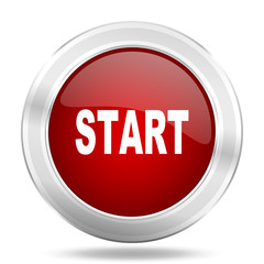 Poster - start icon, red round glossy metallic button, web and mobile app design illustration
