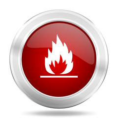 Poster - flame icon, red round glossy metallic button, web and mobile app design illustration