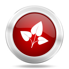 Aufkleber - leaf icon, red round glossy metallic button, web and mobile app design illustration