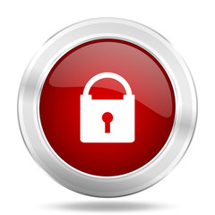 Fototapete - padlock icon, red round glossy metallic button, web and mobile app design illustration