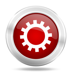 Aufkleber - gear icon, red round glossy metallic button, web and mobile app design illustration