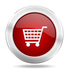 Poster - cart icon, red round glossy metallic button, web and mobile app design illustration