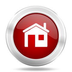 Poster - house icon, red round glossy metallic button, web and mobile app design illustration
