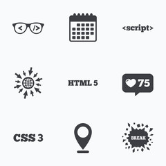 Programmer coder glasses. HTML markup language.