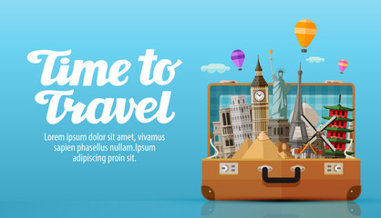 travel to world. open suitcase with landmarks. vector illustration