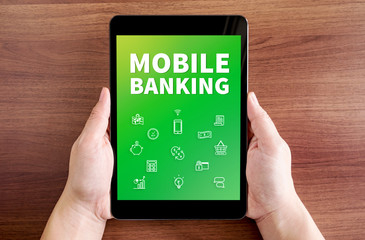 Poster - Two hand holding tablet with Mobile banking and icon on screen a
