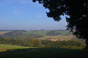 Wall Mural - Rural landscape with meadows and fields on rolling hills in Wallonia on sunny autumn day, Durnal, Yvoir